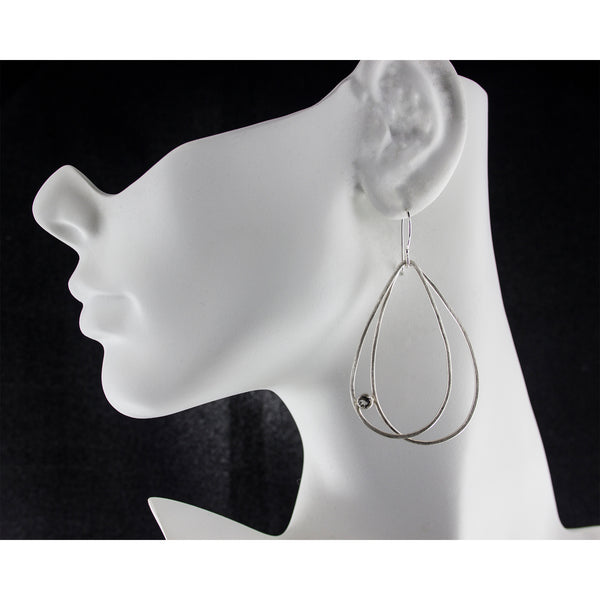 Large sterling silver double teardrop earrings with gemstones by eko jewelry design, Rafaella on model