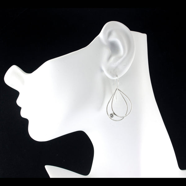 Silver double teardrop earrings with gemstones by eko jewelry design, Germella on model