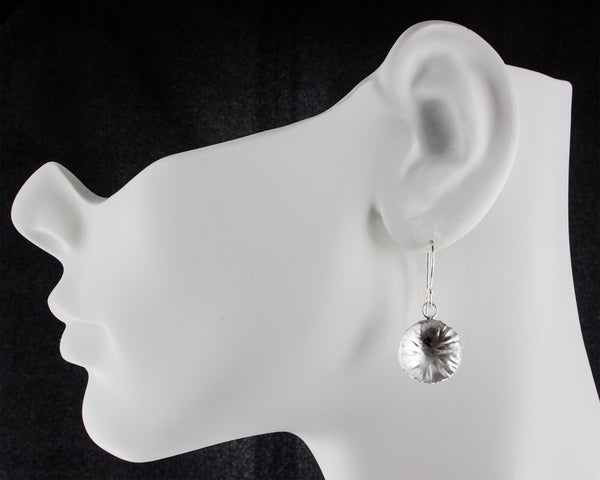 sterling silver round leaf earrings by eko jewelry design, Deanna on model
