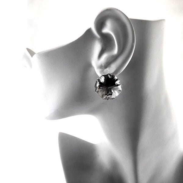 sterling silver round leaf earrings by eko jewelry design, Lata on model