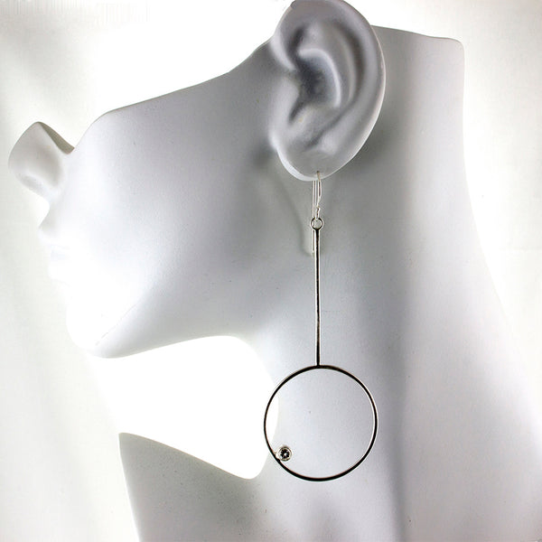 Long sterling silver hoop earrings with gemstones by eko jewelry design, Brielle on model