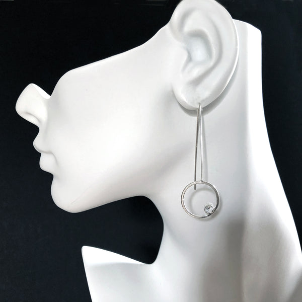 Silver bar post earrings with gemstones by eko jewelry design, Iolana on model