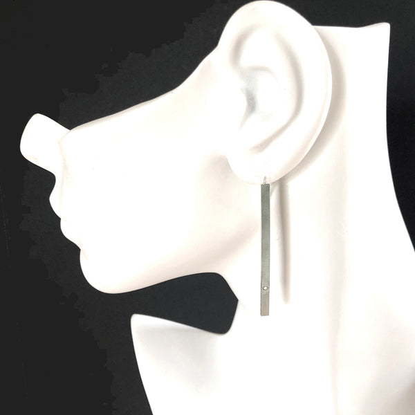 Silver bar threader earrings with gemstones by eko jewelry design, Peri on model,