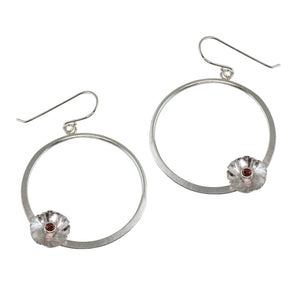 Silver flower hoop earrings with garnet by eko jewelry design, Kliantha