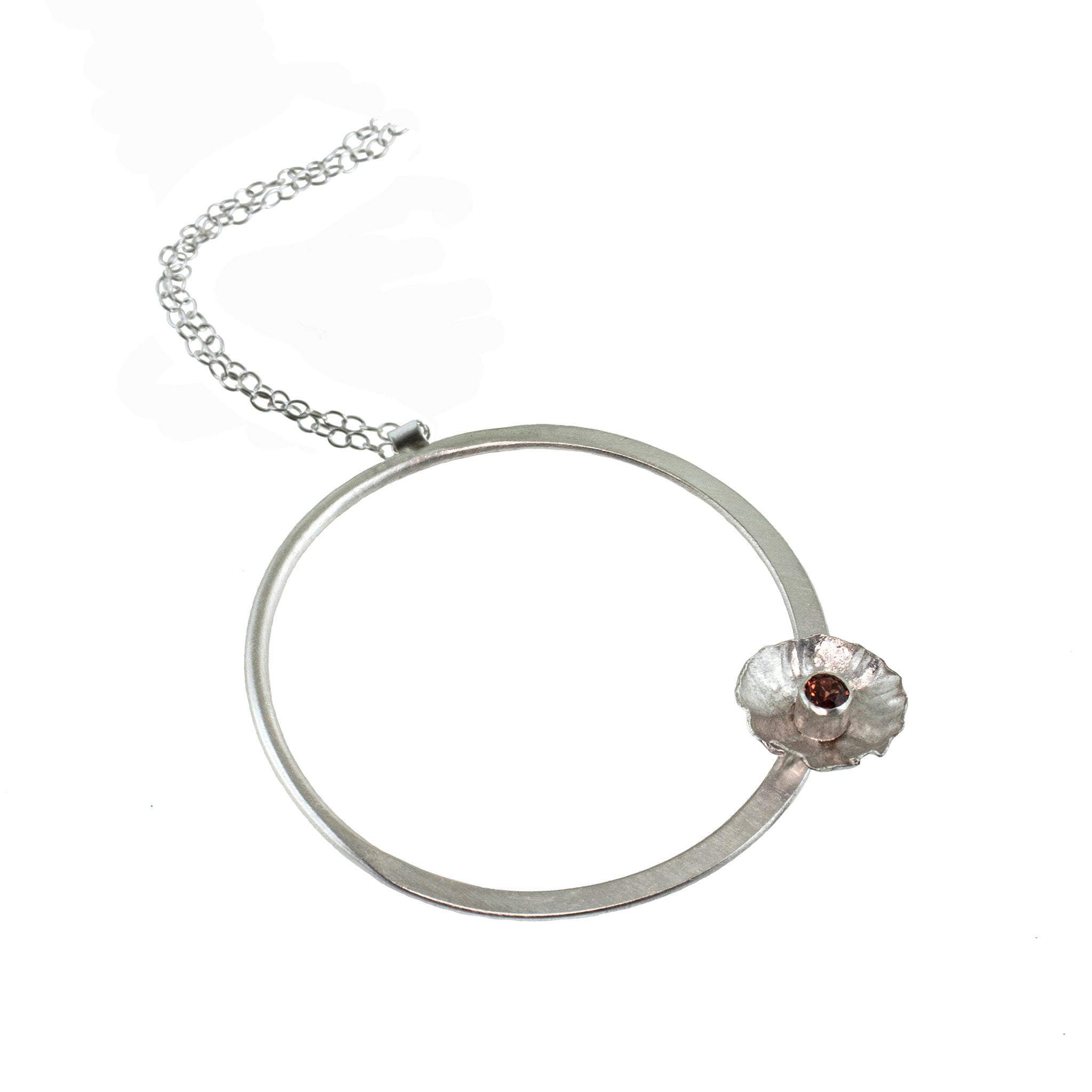 .silver flower hoop necklace with garnet by eko jewelry design, Cleanthe.