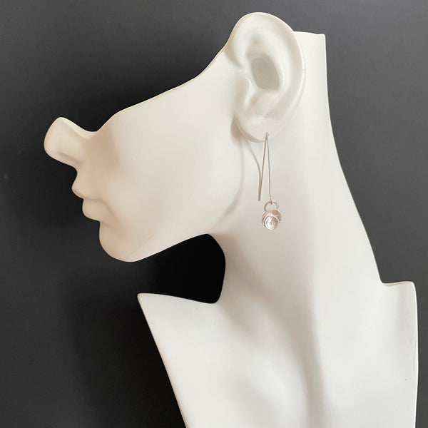 silver leaf threader earrings with diamonds by eko jewelry design, Weslia on model